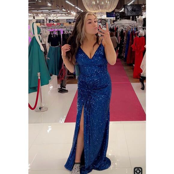 JOVANI Blue Sequin V-Neck Spaghetti Strap Front Slit High Gown Dress size 8